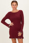 Burgundy Long Sleeve Lettuce Trim Mini Dress