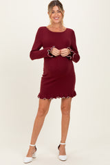 Burgundy Long Sleeve Lettuce Trim Maternity Mini Dress