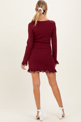 Burgundy Long Sleeve Lettuce Trim Maternity Mini Dress