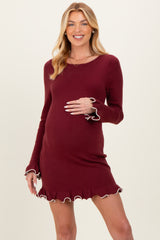 Burgundy Long Sleeve Lettuce Trim Maternity Mini Dress
