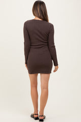 Brown Ribbed Long Sleeve Maternity Short Dress
