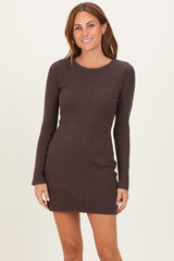 Brown Ribbed Long Sleeve Short Dress