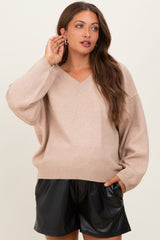 Beige V-Neck Drop Shoulder Maternity Sweater