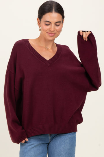 Burgundy V-Neck Drop Shoulder Maternity Sweater