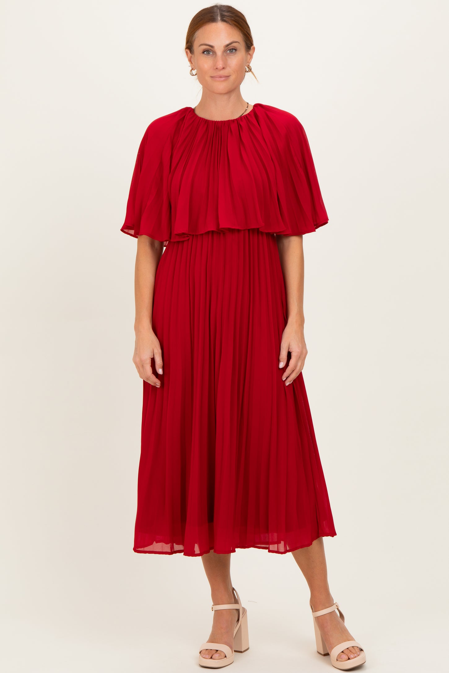 Burgundy Pleated Cape Maternity Midi Dress