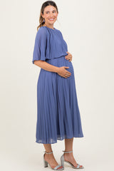 Blue Pleated Cape Maternity Midi Dress