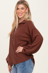 Brown Solid Ribbed Long Sleeve Button Down Collared Top