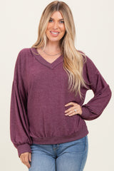 Plum Brushed Long Sleeve Ribbed V-Neck Top