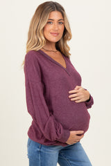 Plum Brushed Long Sleeve Ribbed V-Neck Maternity Top