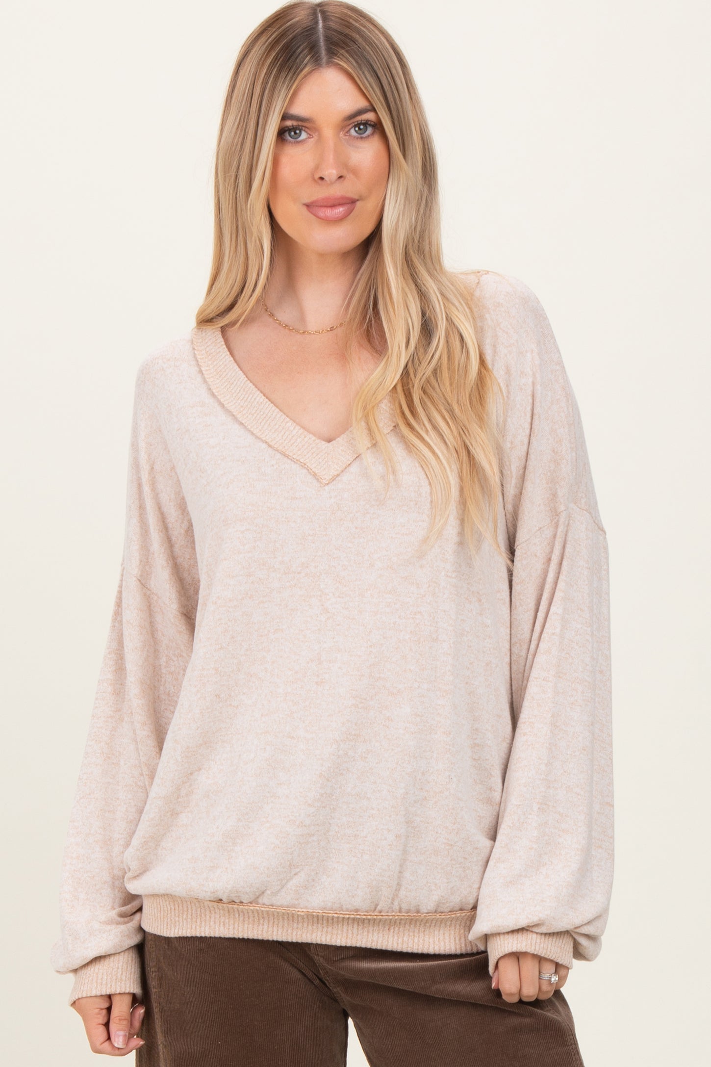 Beige Brushed Long Sleeve Ribbed V-Neck Maternity Top