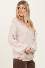 Beige Brushed Long Sleeve Ribbed V-Neck Top