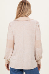 Beige Brushed Colorblock Long Sleeve Collared V-Neck Top