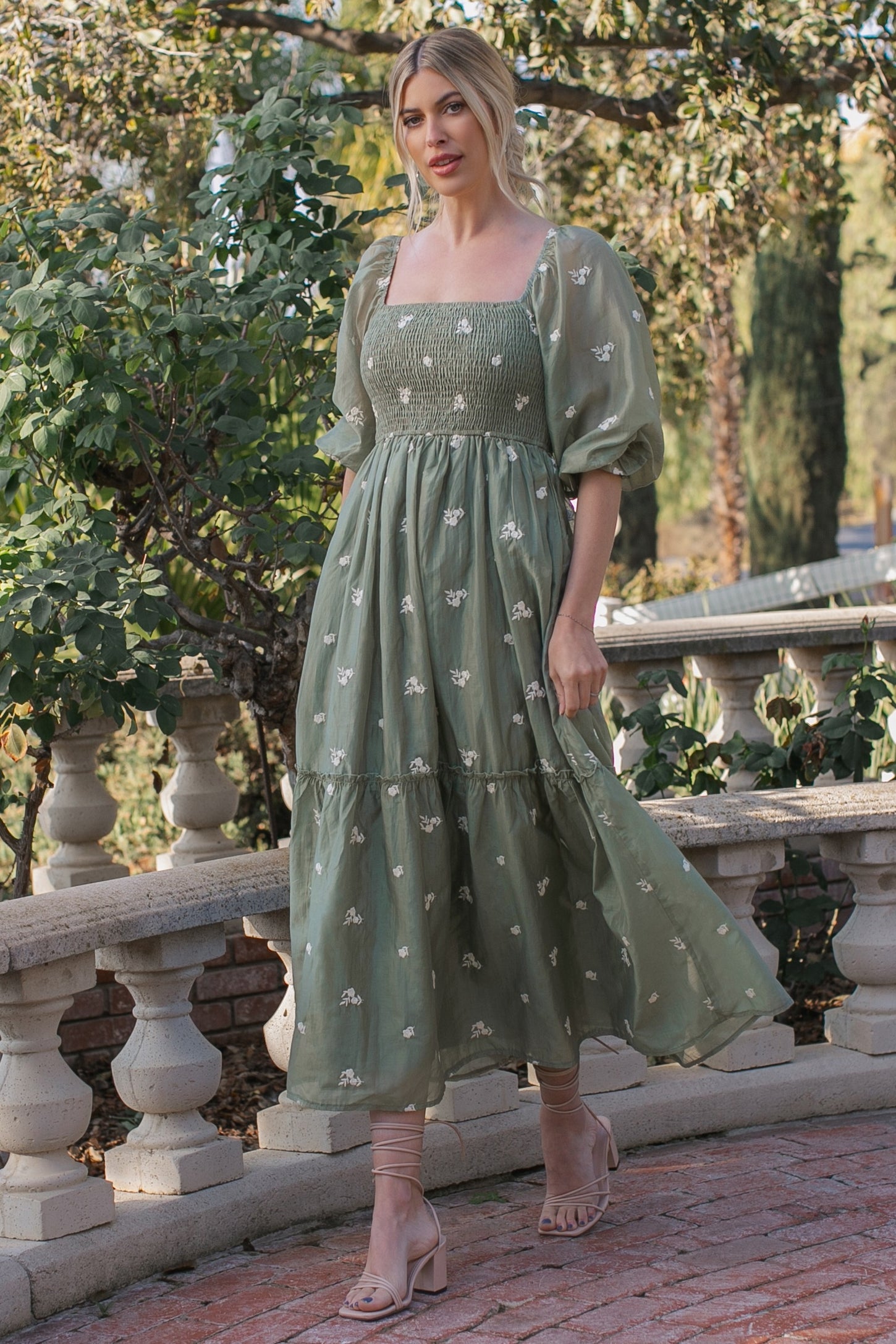 Light Olive Floral Embroidered Smocked 3/4 Sleeve Midi Dress