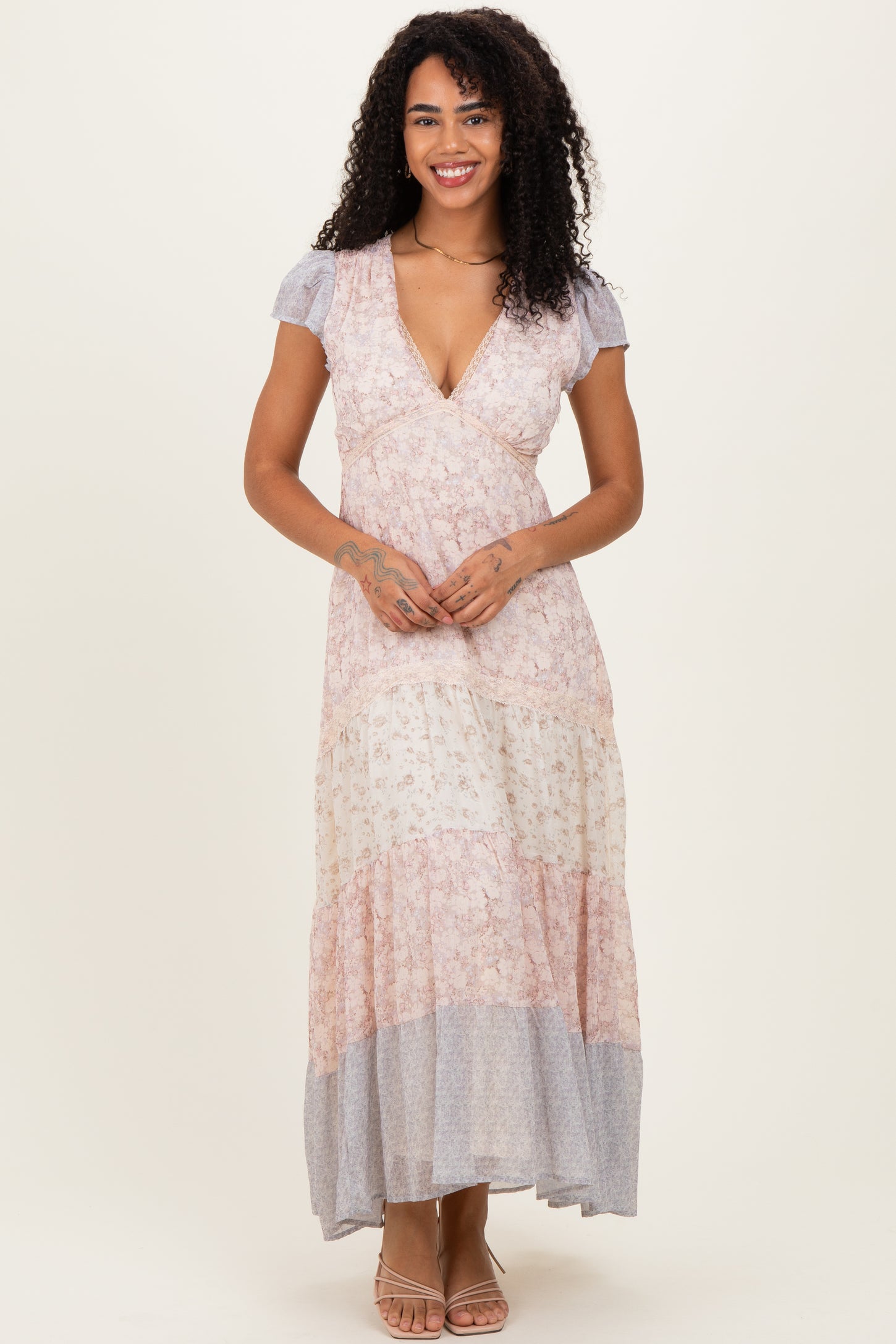 Multicolor Floral Colorblock Tiered Maternity Maxi Dress