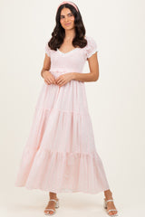 Light Pink Floral Lace Trim Tiered Maternity Maxi Dress