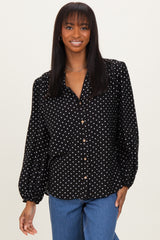 Black Polka Dot Long Sleeve Button Down V-Neck Maternity Top