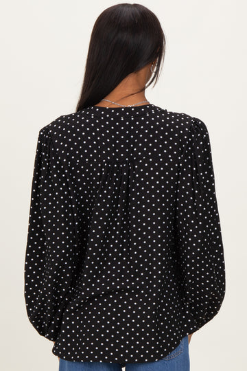 Black Polka Dot Long Sleeve Button Down V-Neck Top