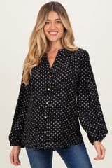 Black Polka Dot Long Sleeve Button Down V-Neck Maternity Top