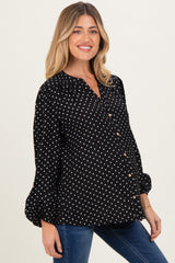 Black Polka Dot Long Sleeve Button Down V-Neck Maternity Top