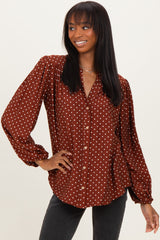 Brown Polka Dot Long Sleeve Button Down V-Neck Maternity Top