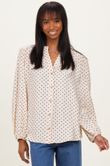 Ivory Polka Dot Long Sleeve Button Down V-Neck Maternity Top