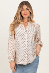 Ivory Polka Dot Long Sleeve Button Down V-Neck Maternity Top