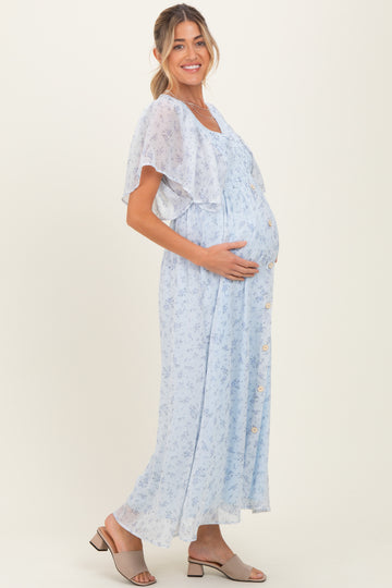 Blue Floral Chiffon Short Sleeve V-Neck Smocked Top Maternity Maxi Dress