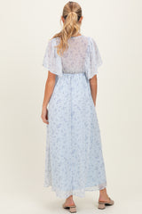 Blue Floral Chiffon Short Sleeve V-Neck Smocked Top Maternity Maxi Dress