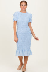 Light Blue Smocked Fitted Midi Dress