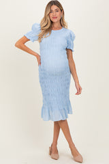 Light Blue Smocked Fitted Maternity Midi Dress