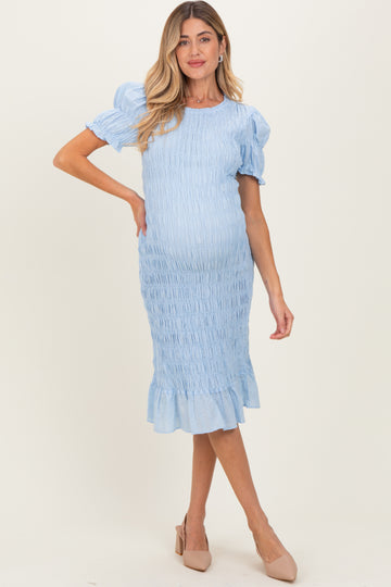 Light Blue Smocked Fitted Maternity Midi Dress