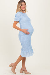 Light Blue Smocked Fitted Maternity Midi Dress