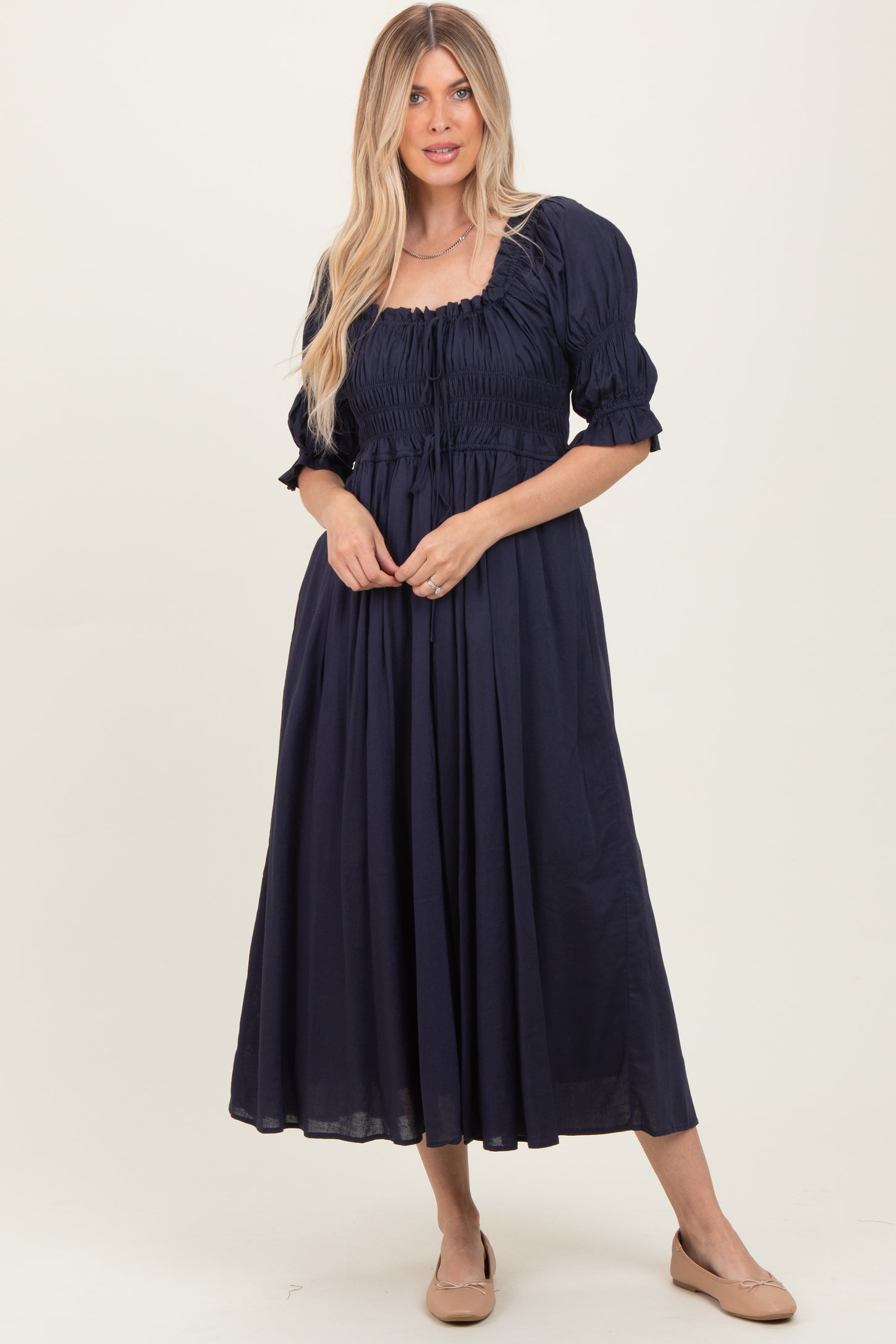 Navy Smocked Ruffle Square Neck Midi Dress