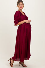 Burgundy Smocked Ruffle Square Neck Maternity Midi Dress