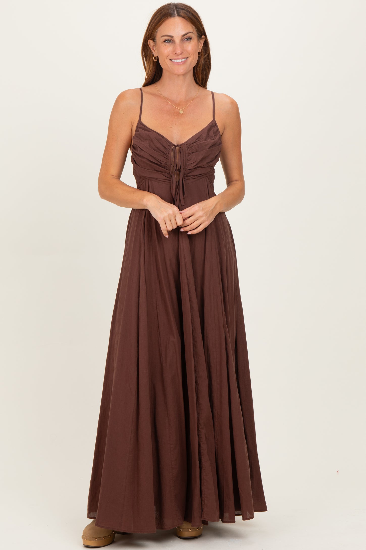Brown Gathered Tie Front Maternity Maxi Dress