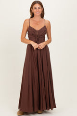 Brown Gathered Tie Front Maternity Maxi Dress