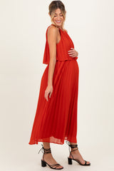 Red Pleated Woven Maternity Midi Dress