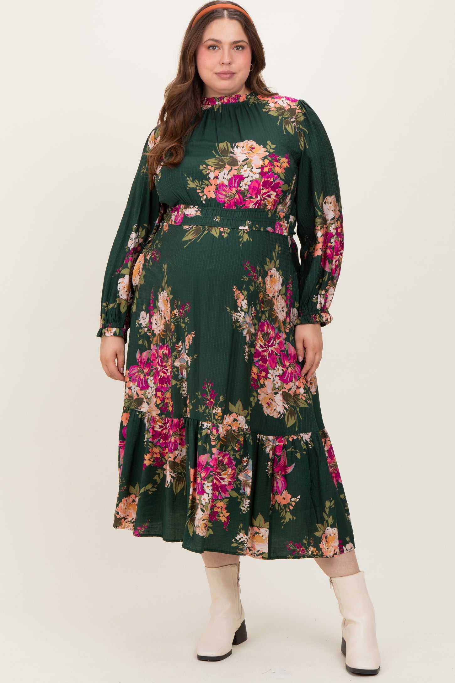 Forest Green Floral Long Sleeve Maternity Plus Midi Dress