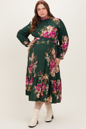 Forest Green Floral Long Sleeve Maternity Plus Midi Dress