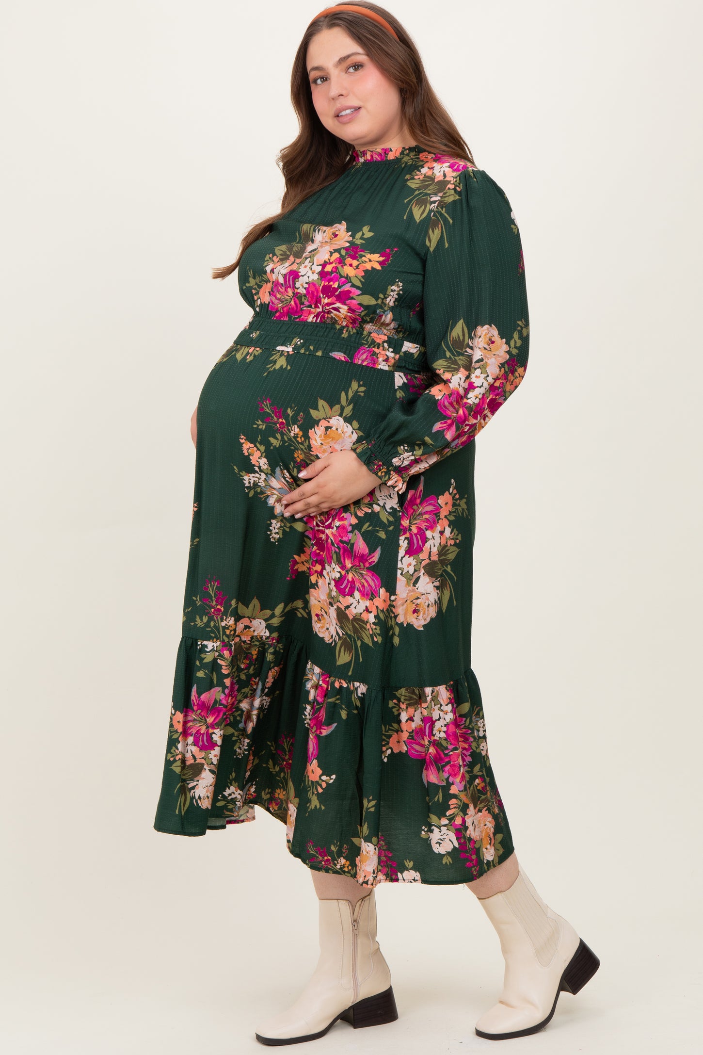 Forest Green Floral Long Sleeve Maternity Plus Midi Dress