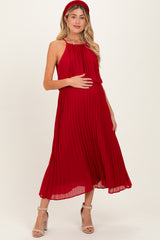 Burgundy Pleated Woven Maternity Midi Dress