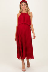 Burgundy Pleated Woven Maternity Midi Dress