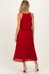 Burgundy Pleated Woven Maternity Midi Dress