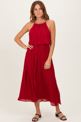 Burgundy Pleated Woven Midi Dress