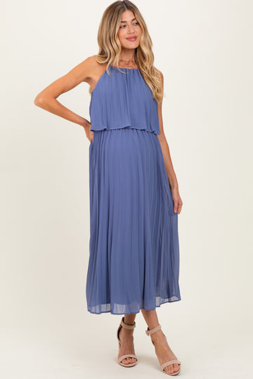 Light Navy Pleated Woven Maternity Midi Dress