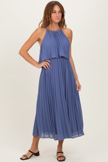 Light Navy Pleated Woven Midi Dress