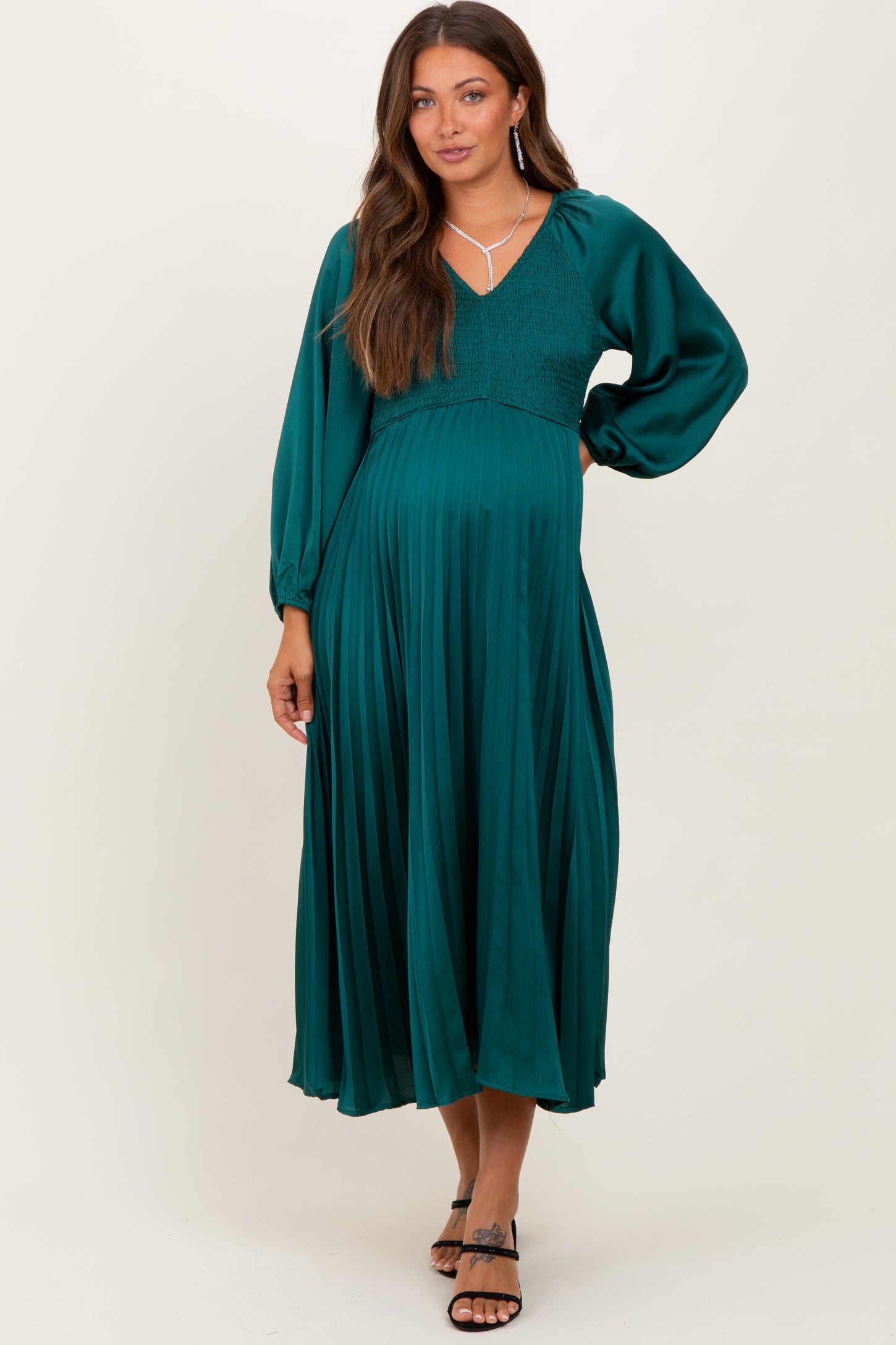 Forest Green Satin Smocked Pleated Maternity Midi Dress