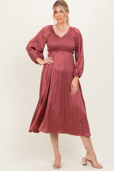 Mauve Satin Smocked Pleated Midi Dress