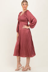 Mauve Satin Smocked Pleated Midi Dress