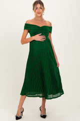 Forest Green Shimmer Off Shoulder Pleated Maternity Midi Dress